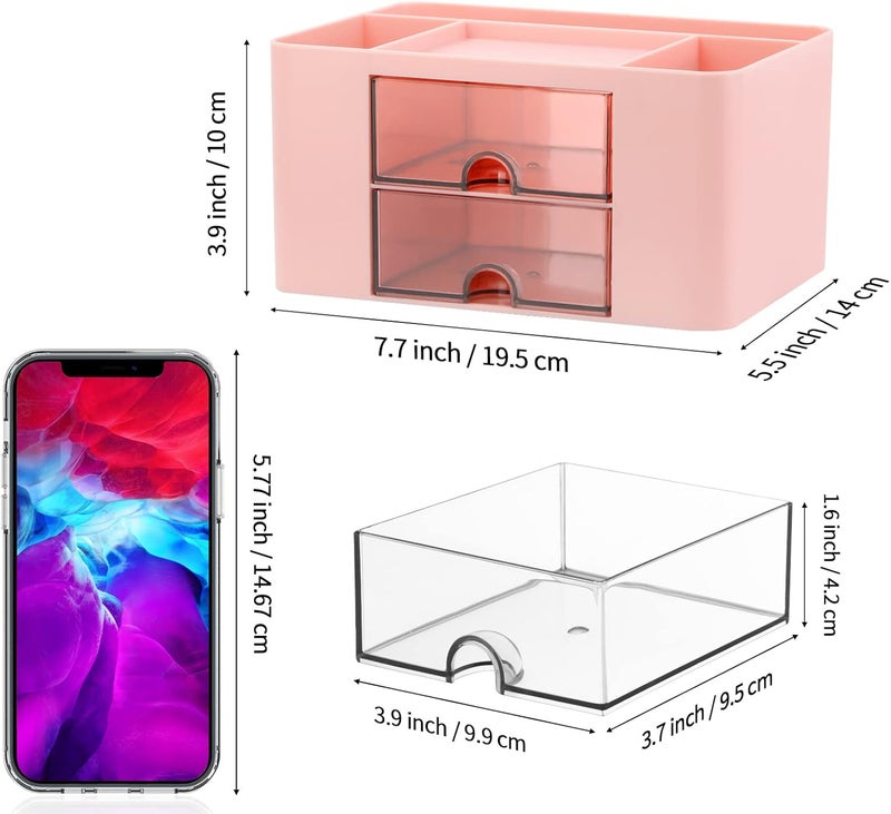 LETURE Desk Organizer with 2 Drawer, Plastic Desktop Pen Pencil Card Holder Storage Box for Desk, Office Supplies, Vanity Table Office School Home (Pink) - Image 3